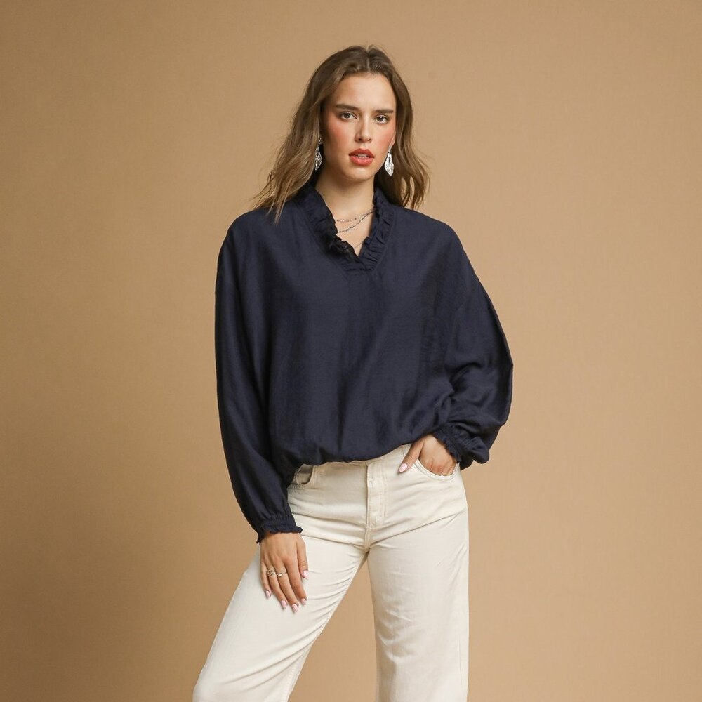 UMGEE NAVY BUBBLE HEM LONG SLEEVE TOP